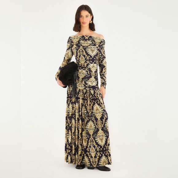 FARM Rio Dresses & Skirts - FARM Rio Black and Gold Off-Shoulder Maxi Dress